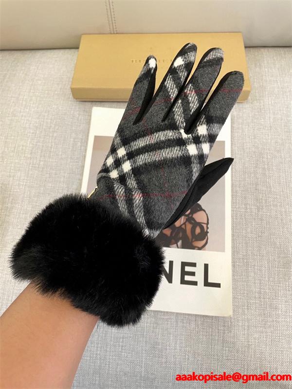 注目小物 防寒重視 グレー チェック グローブ ファートリム 上品 BURBERRY バーバリー コピー