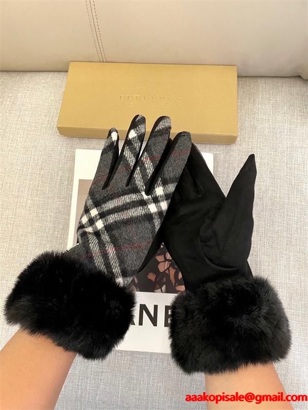 注目小物 防寒重視 グレー チェック グローブ ファートリム 上品 BURBERRY バーバリー コピー