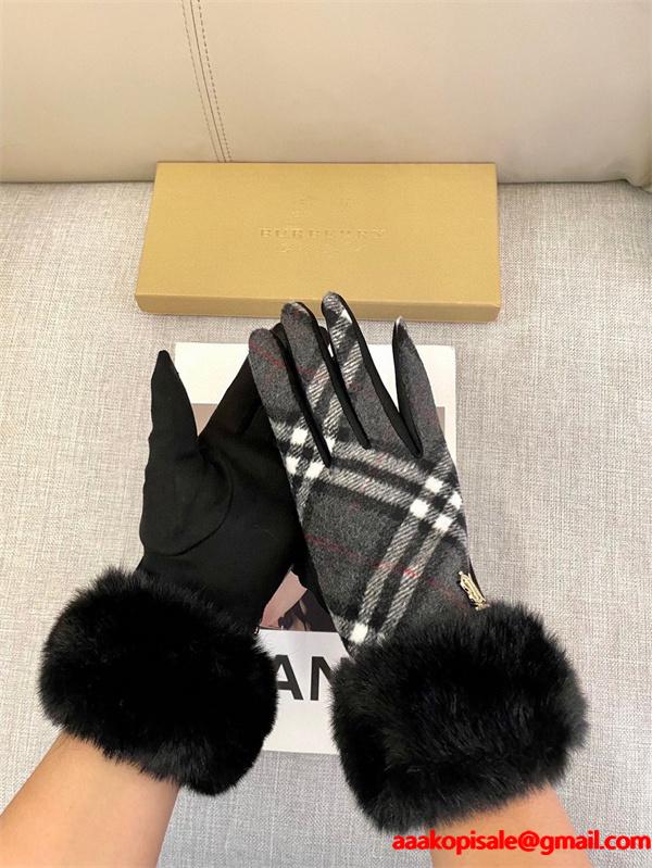 注目小物 防寒重視 グレー チェック グローブ ファートリム 上品 BURBERRY バーバリー コピー