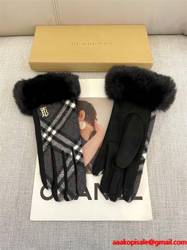 注目小物 防寒重視 グレー チェック グローブ ファートリム 上品 BURBERRY バーバリー コピー