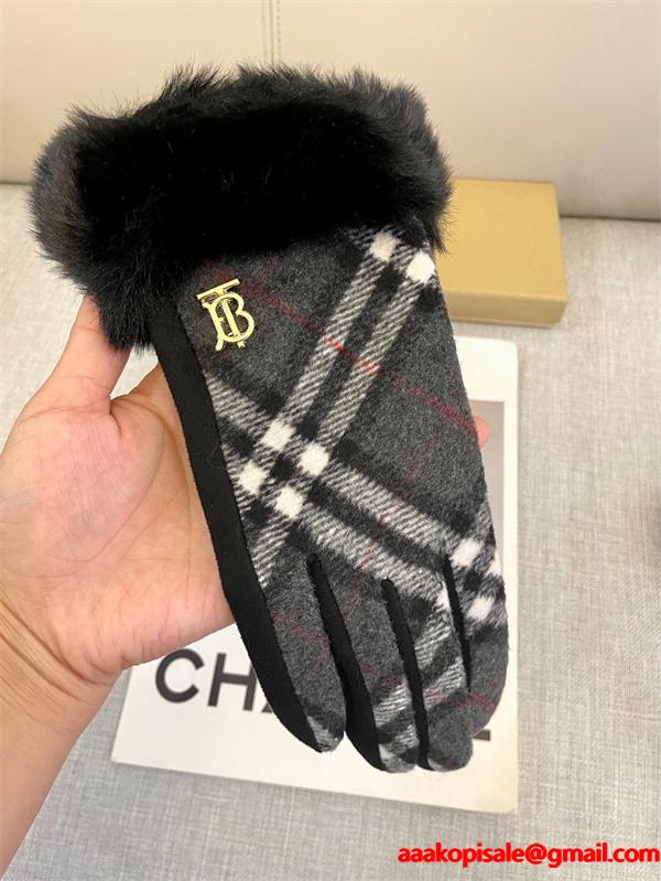 注目小物 防寒重視 グレー チェック グローブ ファートリム 上品 BURBERRY バーバリー コピー
