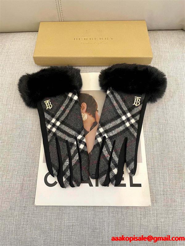注目小物 防寒重視 グレー チェック グローブ ファートリム 上品 BURBERRY バーバリー コピー