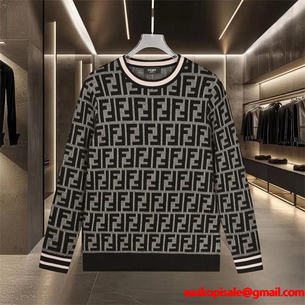 ニット セーター メンズ FFロゴ 総柄 グレー  長袖 FENDI フェンディ コピー