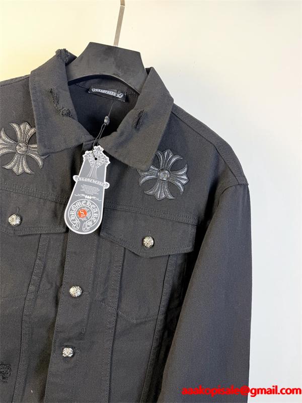 クロス刺繍 デニムジャケット ブラック 重厚 無骨 存在感 CHROME HEARTS クロムハーツ コピー