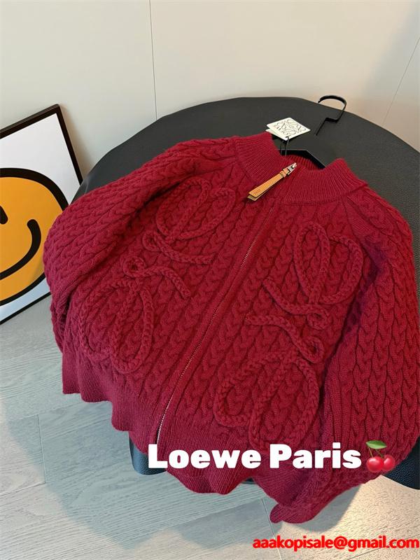 2026新作 ボルドー ケーブルニット ジップブルゾン 高級感 LOEWE ロエベ 偽物