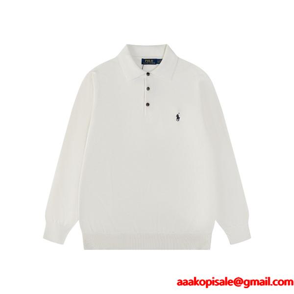 定番人気 ホワイト ニットポロ 長袖 ワンポイント刺繍 きれいめ Polo Ralph Lauren ポロ ラルフローレン コピー