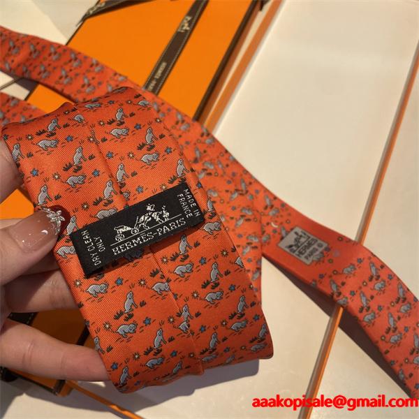 エルメス激安メンズ新作総柄ネクタイ遊び心感じるデザイン斜紋シルク手工仕立て大人コーデ映え