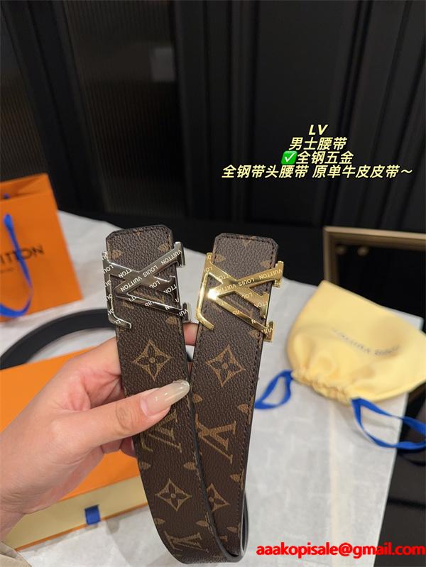 ルイヴィトン激安メンズ定番LVバックルレザーベルト全鋼金具仕様牛革仕立てオンオフ兼用万能モデル
