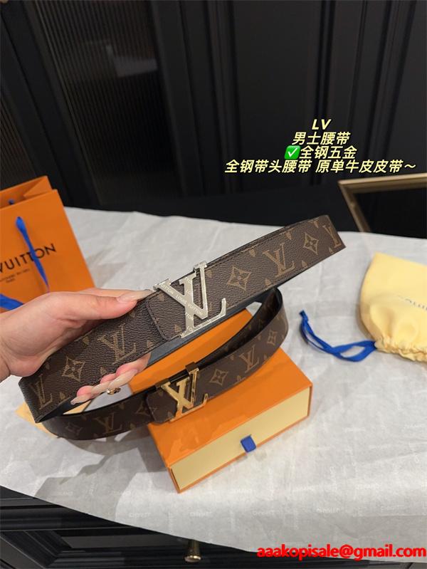 ルイヴィトン激安メンズ定番LVバックルレザーベルト全鋼金具仕様牛革仕立てオンオフ兼用万能モデル