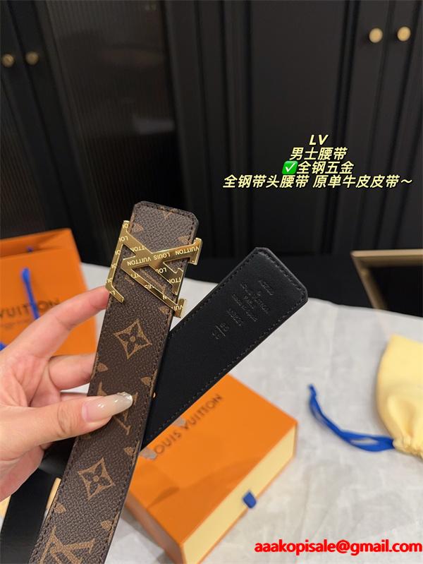ルイヴィトン激安メンズ定番LVバックルレザーベルト全鋼金具仕様牛革仕立てオンオフ兼用万能モデル
