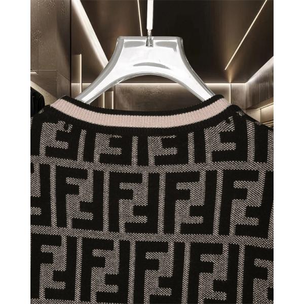 ニット セーター メンズ FFロゴ 総柄 グレー  長袖 FENDI フェンディ コピー