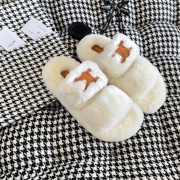 セリーヌCELINE激安真羊毛ファースリッパレディース厚底フラット太古里ストリート人気モデル