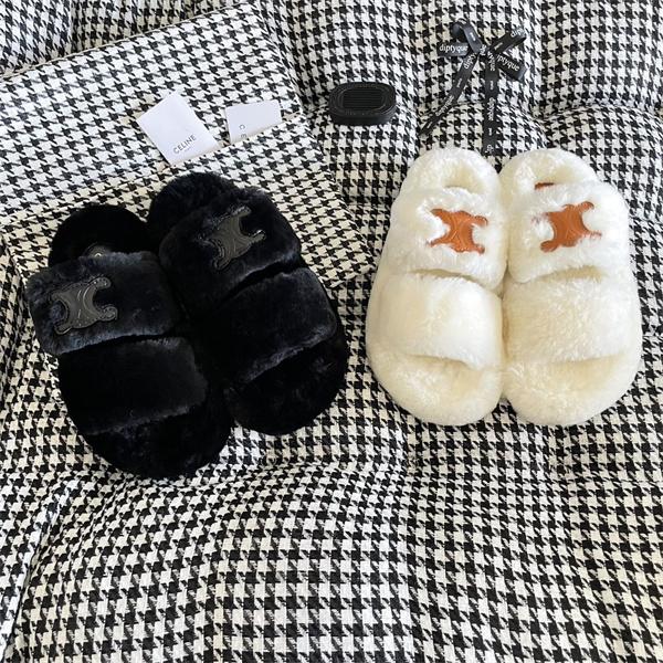 セリーヌCELINE激安真羊毛ファースリッパレディース厚底フラット太古里ストリート人気モデル