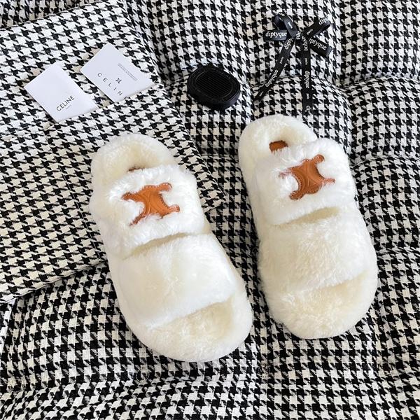 セリーヌCELINE激安真羊毛ファースリッパレディース厚底フラット太古里ストリート人気モデル