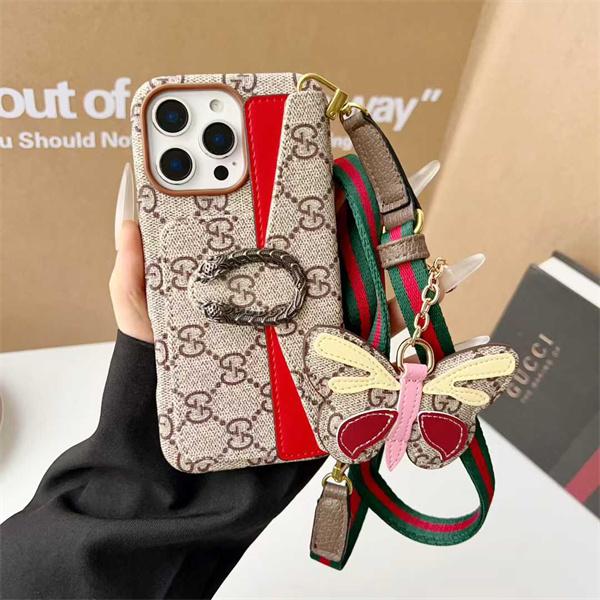グッチGucci激安酒神横型カードポケット付きソフトケースストラップ対応iPhone用