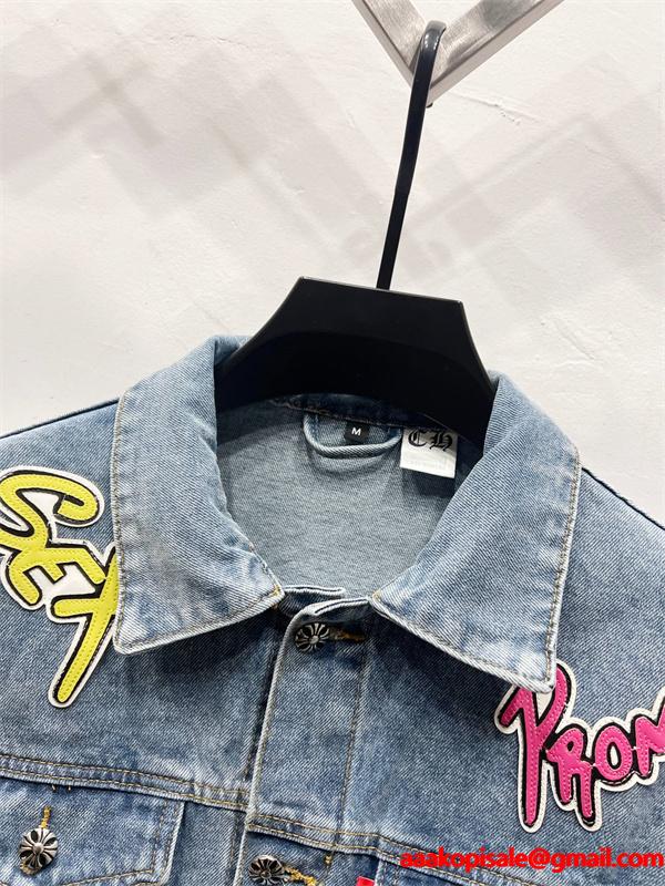 ストリート映え ワッペンデザイン デニムジャケット 個性派 CHROME HEARTS クロムハーツ コピー