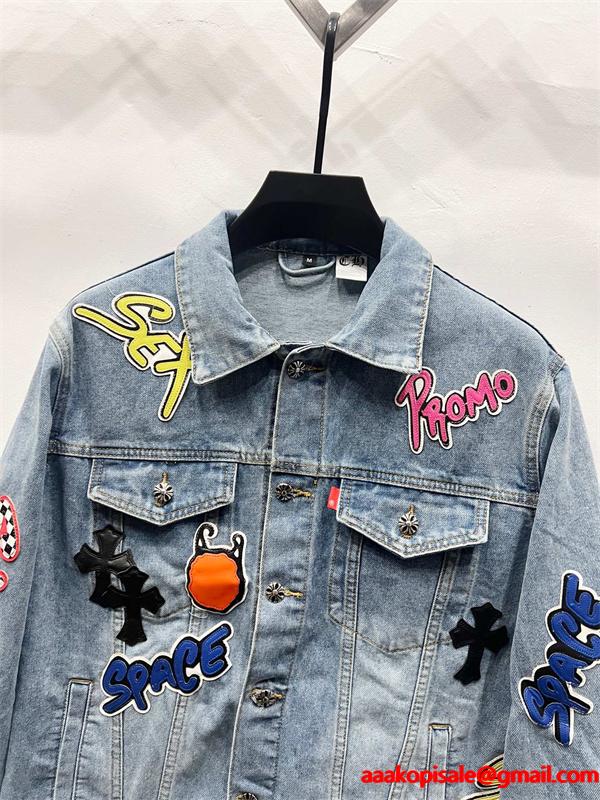 ストリート映え ワッペンデザイン デニムジャケット 個性派 CHROME HEARTS クロムハーツ コピー