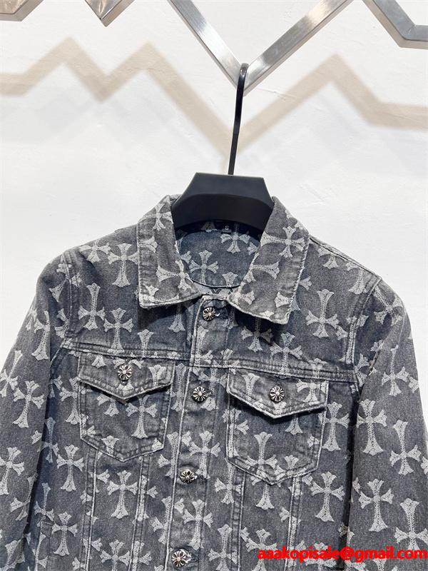 ダークグレー調 総柄クロス デニムジャケット 重厚 モード感 CHROME HEARTS クロムハーツ コピー