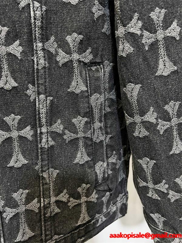 ダークグレー調 総柄クロス デニムジャケット 重厚 モード感 CHROME HEARTS クロムハーツ コピー