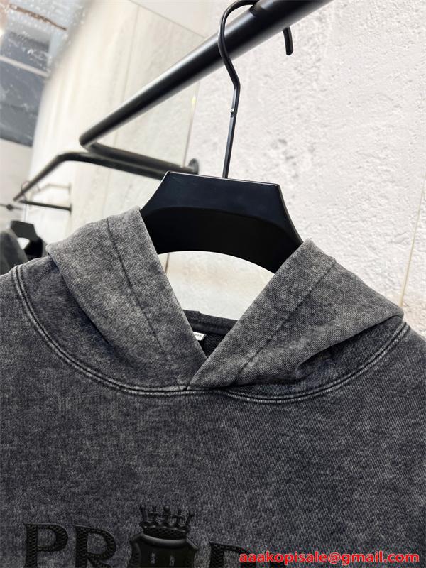 PRADA プラダ コピー トレンド モード加工 ヴィンテージ風 パーカー メンズ