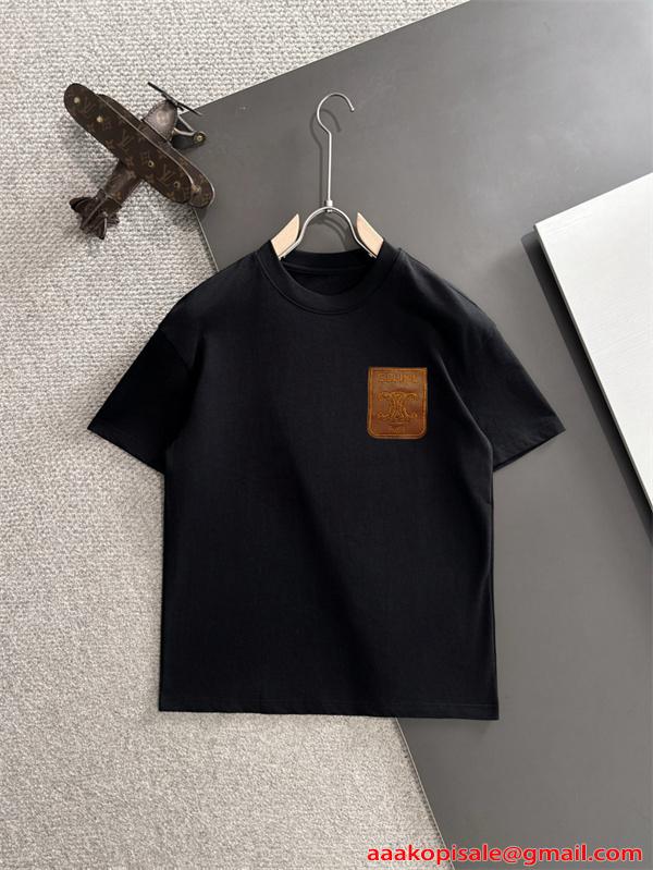 注目上昇 ホワイト レザーロゴパッチ 洗練 カジュアル CELINE セリーヌ コピー 半袖Tシャツ