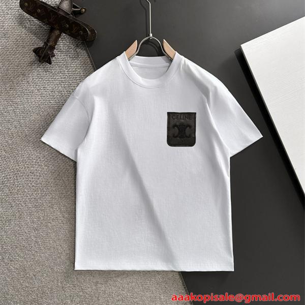 注目上昇 ホワイト レザーロゴパッチ 洗練 カジュアル CELINE セリーヌ コピー 半袖Tシャツ