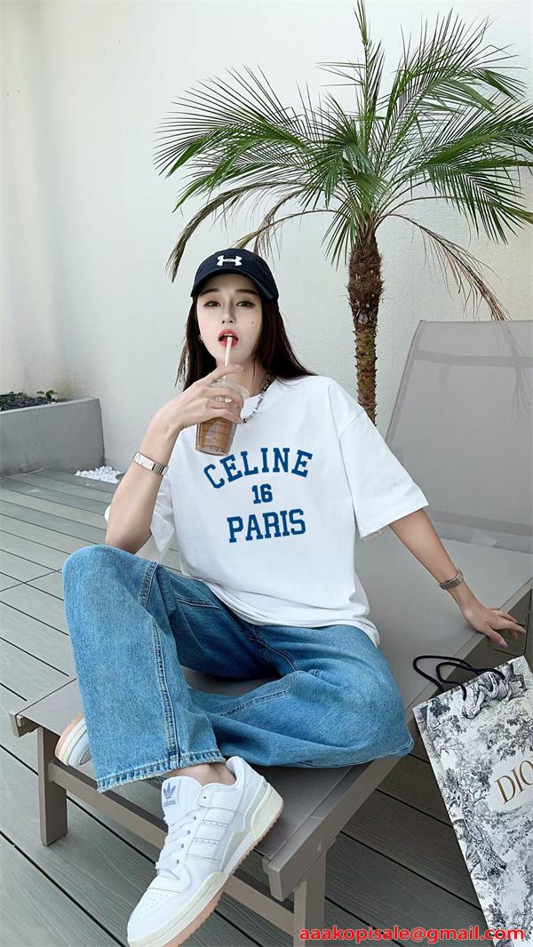 注目 ホワイト カレッジロゴ カジュアル 爽やか 半袖Tシャツ CELINE セリーヌ コピー