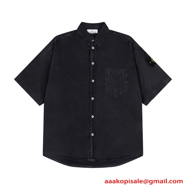 注目 ウォッシュデニム STONE ISLAND  スーパーコピー シャツ 半袖 ポケット 無地調 ストーンアイランド