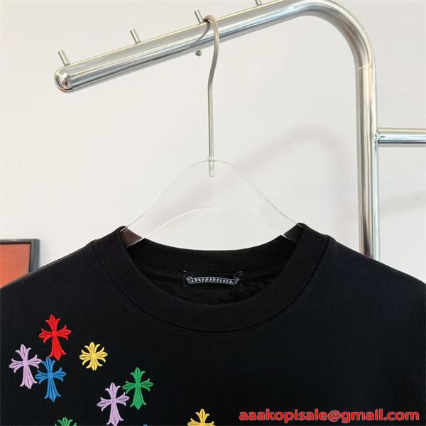 CHROME HEARTS 人気 カラフルクロス ロゴ刺繍 ブラック 半袖 Tシャツ