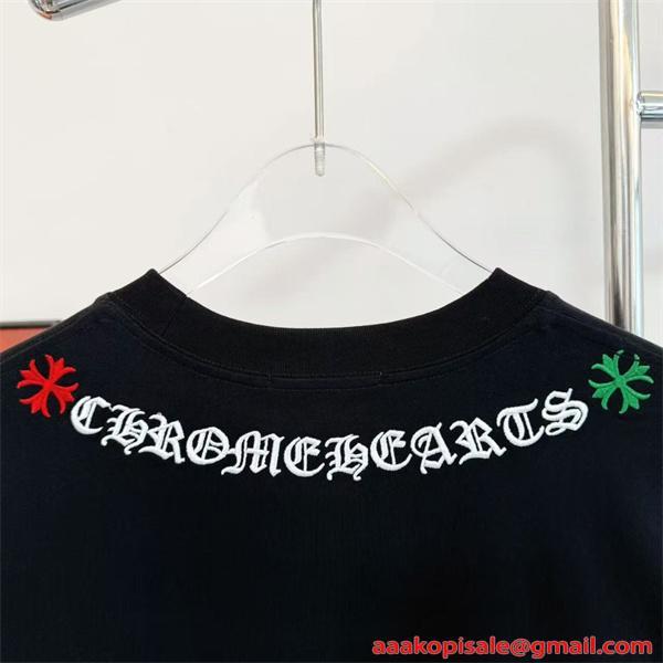 CHROME HEARTS 人気 カラフルクロス ロゴ刺繍 ブラック 半袖 Tシャツ