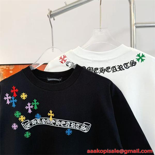 CHROME HEARTS 人気 カラフルクロス ロゴ刺繍 ブラック 半袖 Tシャツ