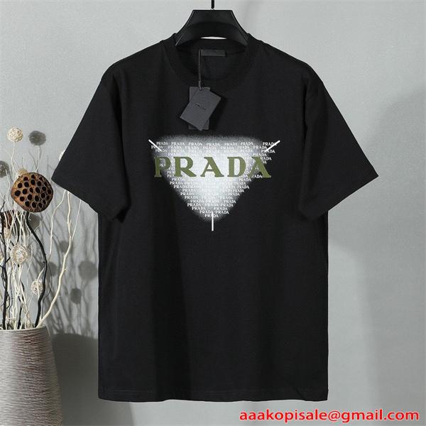 シンプル半袖 PRADA コピー Ｔシャツ ホワイト ブルー配色 プラダ 上品 カジュアル 夏コーデ 爽やか 夏向け 軽やか