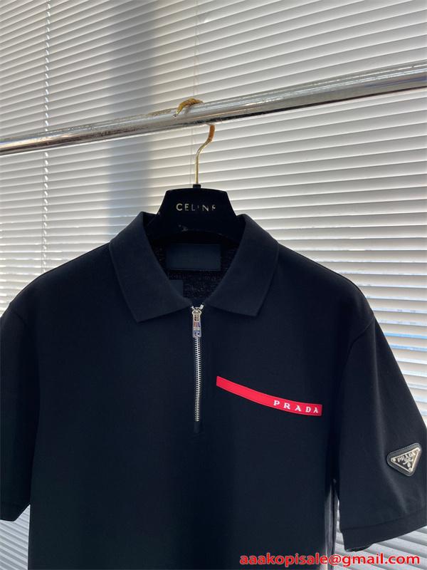 プラダ コピー PRADA 半袖ポロシャツ ジップ ワンポイント シンプル 上品 ストレッチ素材