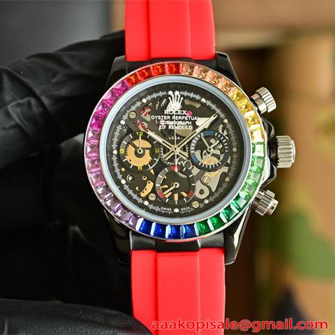 ロレックス コピー メンズ ROLEX 腕時 43mm デイトナ スケルトン ミネラルガラス クロノグラフクォーツムーブメント 高品質