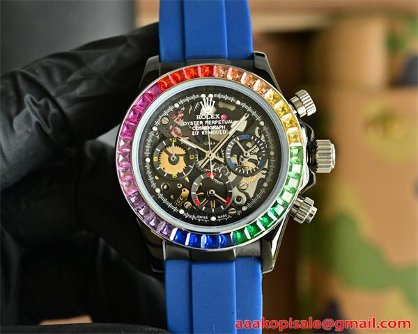 ロレックス コピー メンズ ROLEX 腕時 43mm デイトナ スケルトン ミネラルガラス クロノグラフクォーツムーブメント 高品質