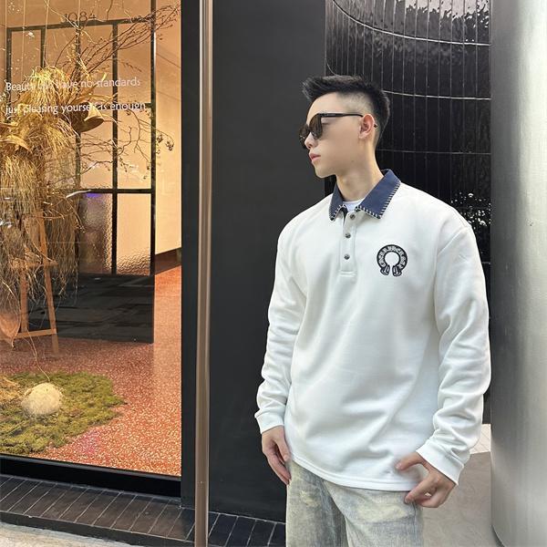 話題沸騰 アイボリー 配色襟 上品カジュアル CHROME HEARTS クロムハーツ コピー 長袖ポロシャツ 2026新作