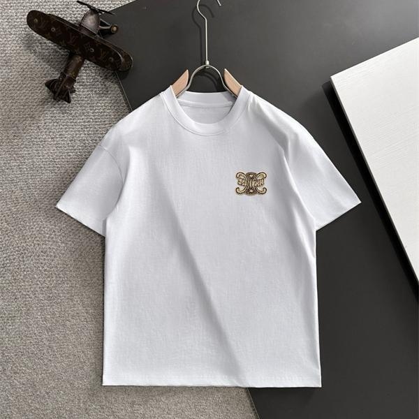 CELINE セリーヌ コピー 人気 ホワイト ゴールド 刺繍 上品 シンプル エレガント 半袖Tシャツ
