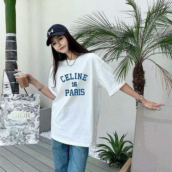 注目 ホワイト カレッジロゴ カジュアル 爽やか 半袖Tシャツ CELINE セリーヌ コピー