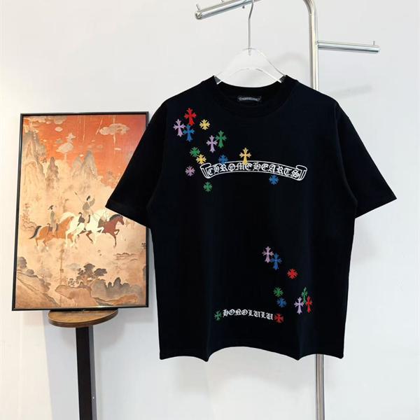CHROME HEARTS 人気 カラフルクロス ロゴ刺繍 ブラック 半袖 Tシャツ 映えデザイン クロムハーツ コピー