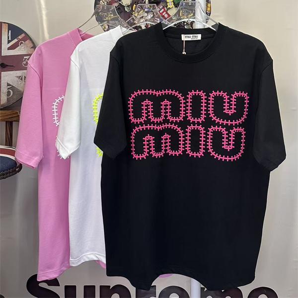 MIUMIU 可愛い Tシャツ ブラック ミュウミュウ コピー 半袖 ビッグロゴ