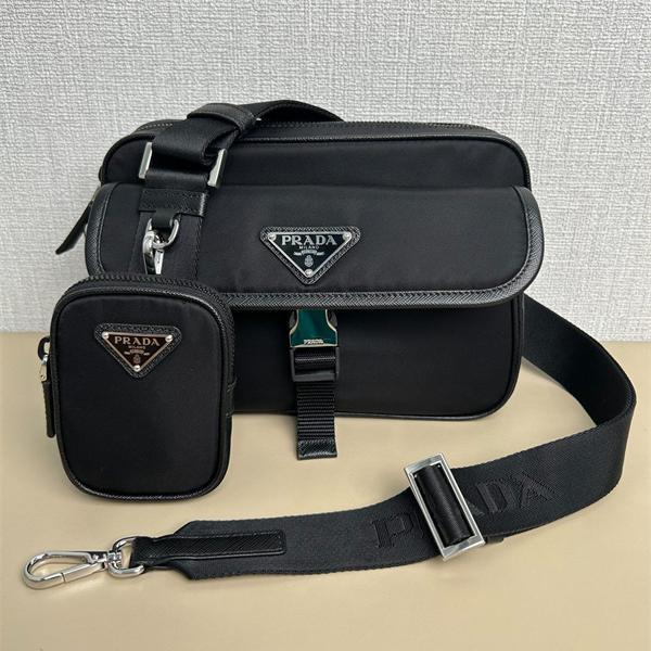 ショルダーバッグ PRADA コピー バッグ 本革 トライアングルディテール プラダ ブラック 取り外しミニポーチ付き 軽量 防水風