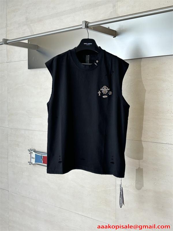 クロムハーツ メンズ ノースリーブTシャツ ブラック ホワイト 刺繍ロゴ