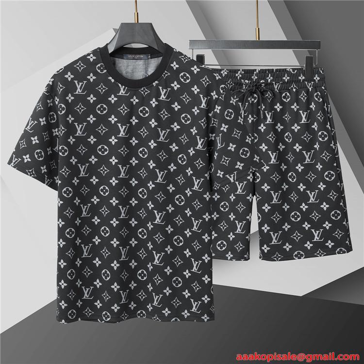  プリント セットアップ LOUIS VUITTON メンズ 半袖Tシャツ ルイヴィトン コピー ショートパンツ 上下セット