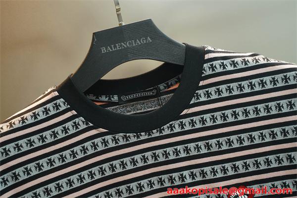 クロムハーツ コピー ボーダー 半袖Tシャツ ブラック ピンクグレー ワンポイント クルーネック Chrome Hearts