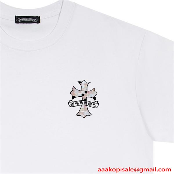 クロムハーツ コピー クルーネック 半袖Tシャツ ホワイト ブラック クロスデザイン チェック調プリント Chrome Hearts