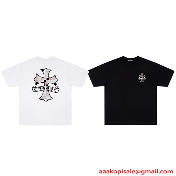 クロムハーツ コピー クルーネック 半袖Tシャツ ホワイト ブラック クロスデザイン チェック調プリント Chrome Hearts