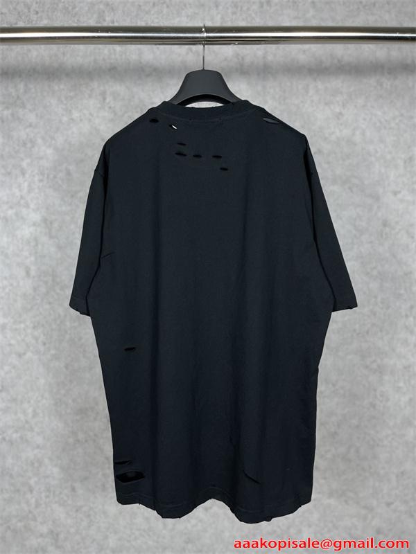 バレンシアガ コピー Balenciaga 651795 半袖Tシャツ ブラック ダメージ加工 ロゴプリント オーバーサイズ クラッシュデザイン ストリート系 メンズ