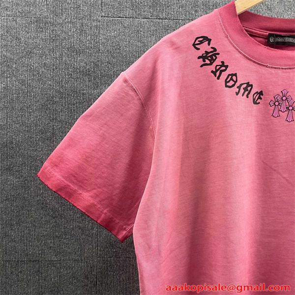 ピンク 半袖Tシャツ ネックロゴ クロスモチーフ バックプリント 甘辛ストリート クロムハーツ コピー Chrome Hearts