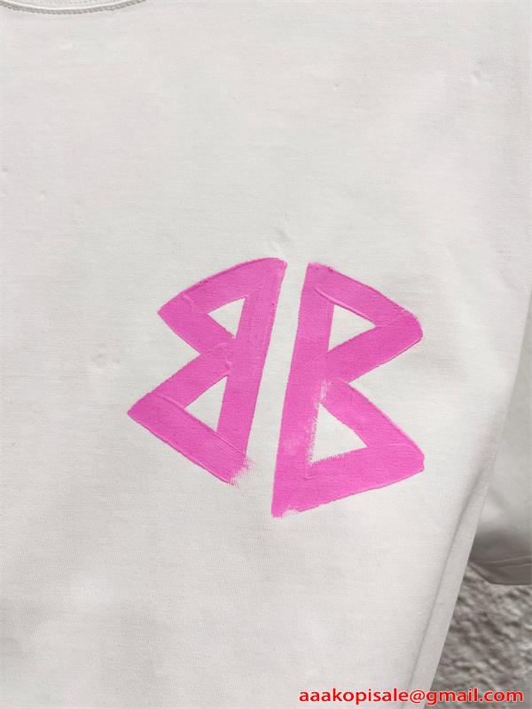 白Tシャツ 半袖 バレンシアガ コピー ピンク 手描き風 Balenciaga シンプル ストリート グラフィティ風