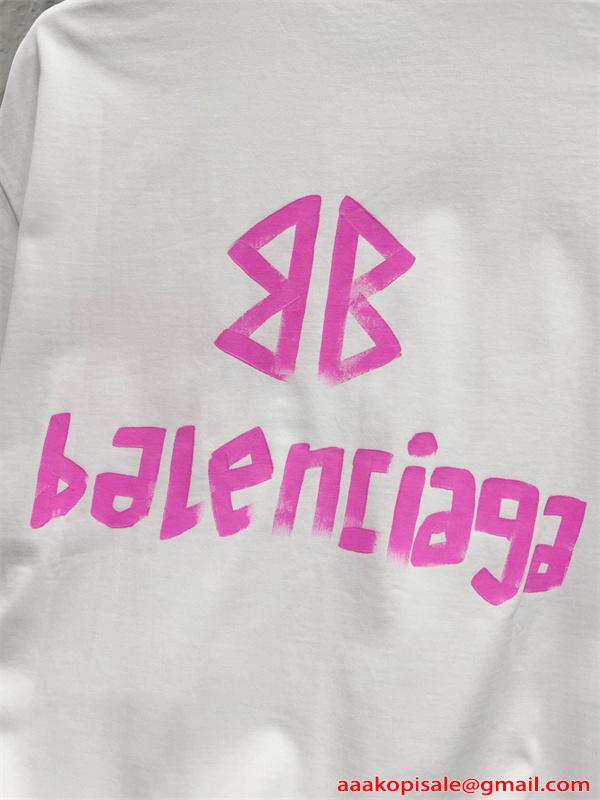 白Tシャツ 半袖 バレンシアガ コピー ピンク 手描き風 Balenciaga シンプル ストリート グラフィティ風